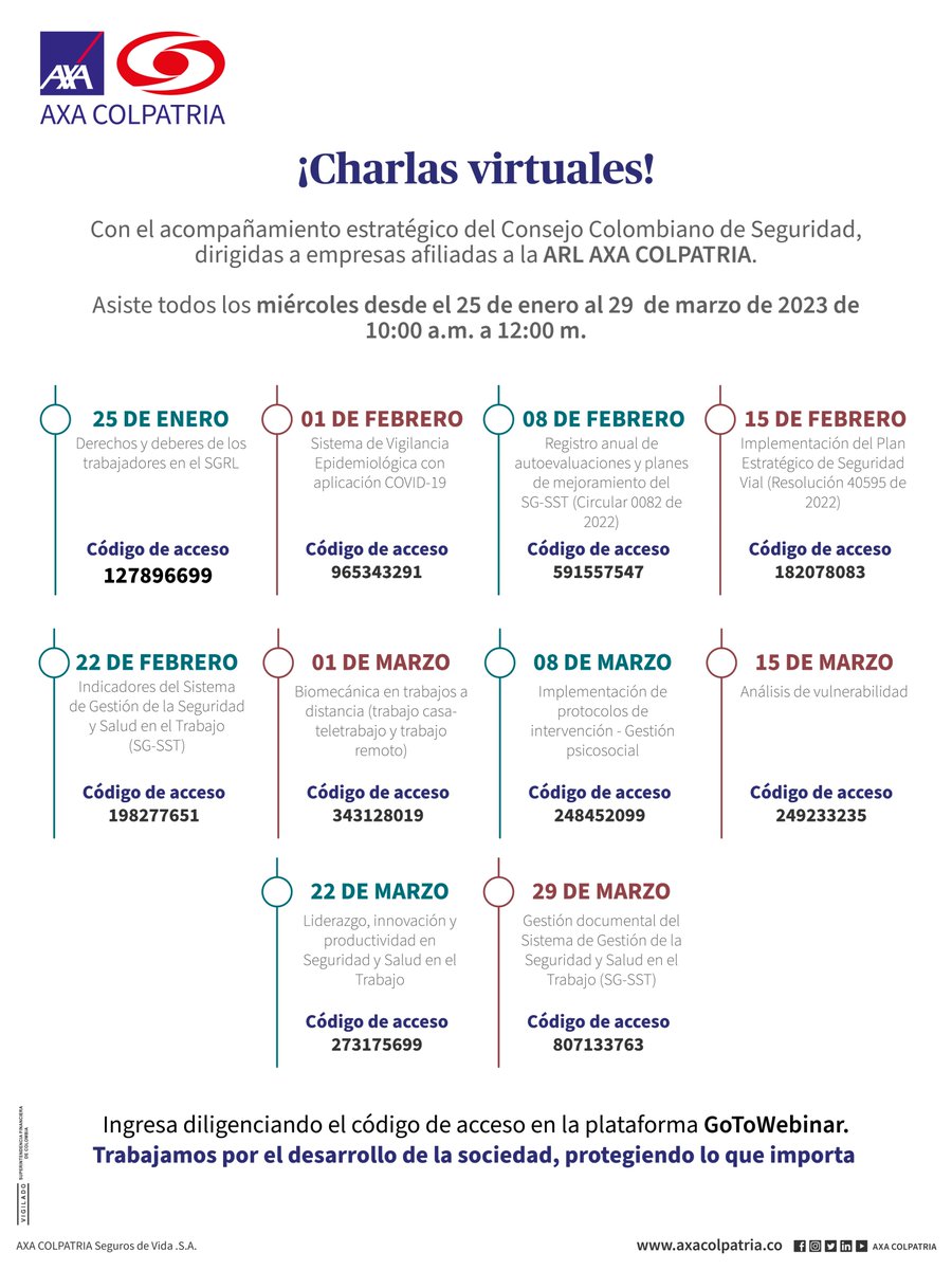 AXACOLPATRIA's tweet photo. ¡Conéctate con nosotros a partir de mañana! 📆 Comienzan nuestras primeras #CharlasVirtuales del año con temas como Seguridad y Salud en el trabajo, de la mano del Consejo Colombiano de Seguridad. 

Te esperamos, únete directo aquí ➡ https://t.co/FPHKMdiLIk https://t.co/1YbolnwRGM
