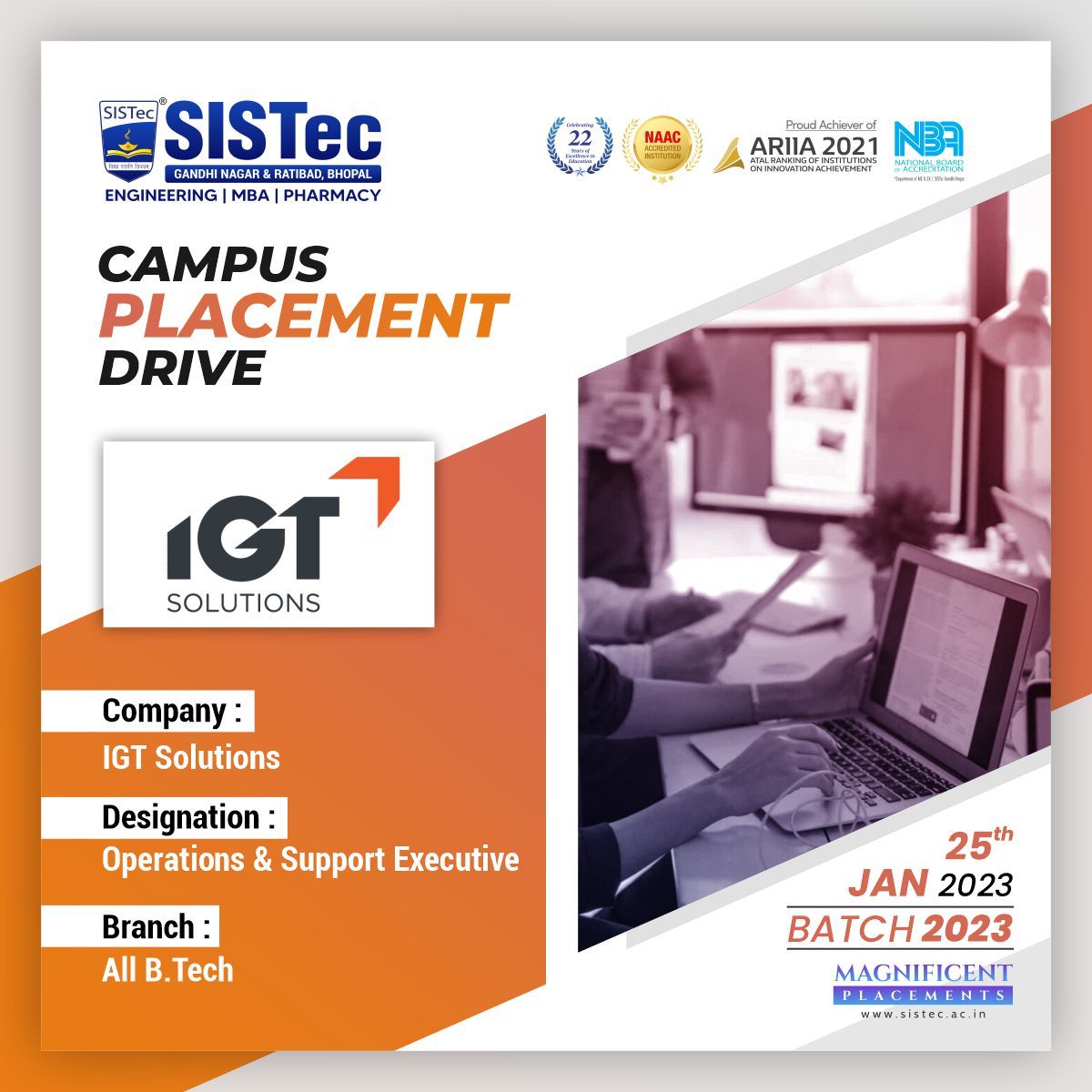 Campus #PlacementDrive Alert🎯🚨

Company: #IGTSolutions 
Date: 25th January 2023
Branch: All #BTech  (Batch 2023)
Designation: #Operations & #SupportExecutive