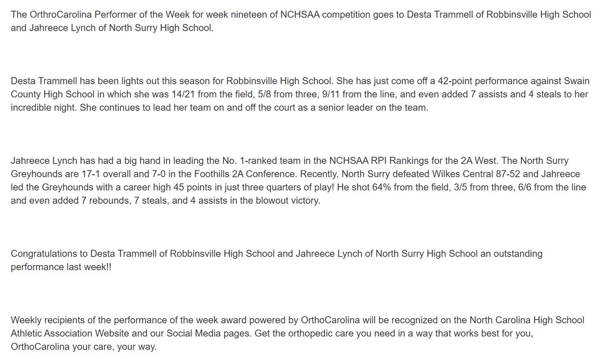 Congratulations to Jahreece Lynch (<a href="/JahreeceL/">jahreece lynch</a>) on being selected for the <a href="/NCHSAA/">NCHSAA</a> Performance of the Week Award. Jahreece scored 45 points on 64% shooting in just three quarters vs. Wilkes Central nchsaa.org/potw-week-19-w…