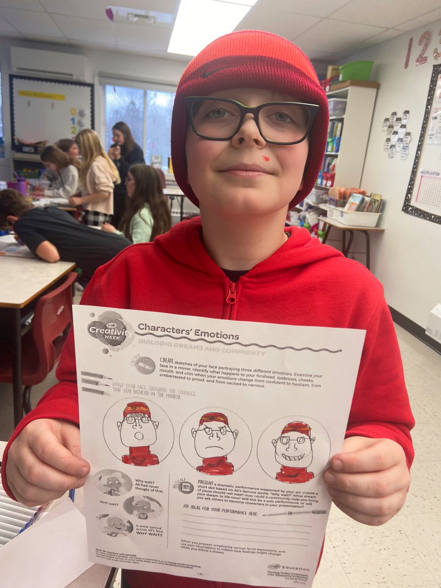 Mme_Ferguson's tweet image. Day 2 of Creativity Week! Today we listened to a read aloud from @ALISTROKER and @gillianimation as we learned about different expressions characters make in illustrations. #CrayolaCreativityWeek #WhyWait