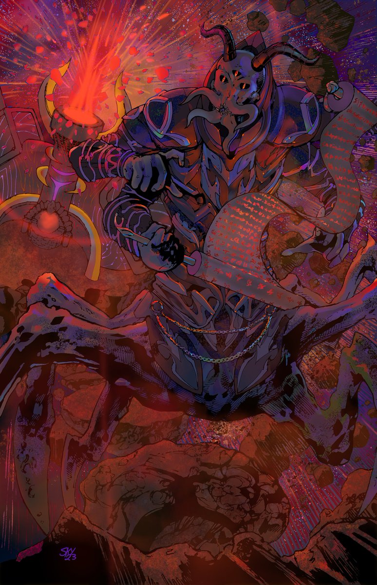 Here is Tascidhaar Yridex, a daemon scholar from the <a href="/Grim__Syndicate/">Grim Syndicate</a> universe, near Lordrym's workshop the moment the scourge began.

#art #comic #nft