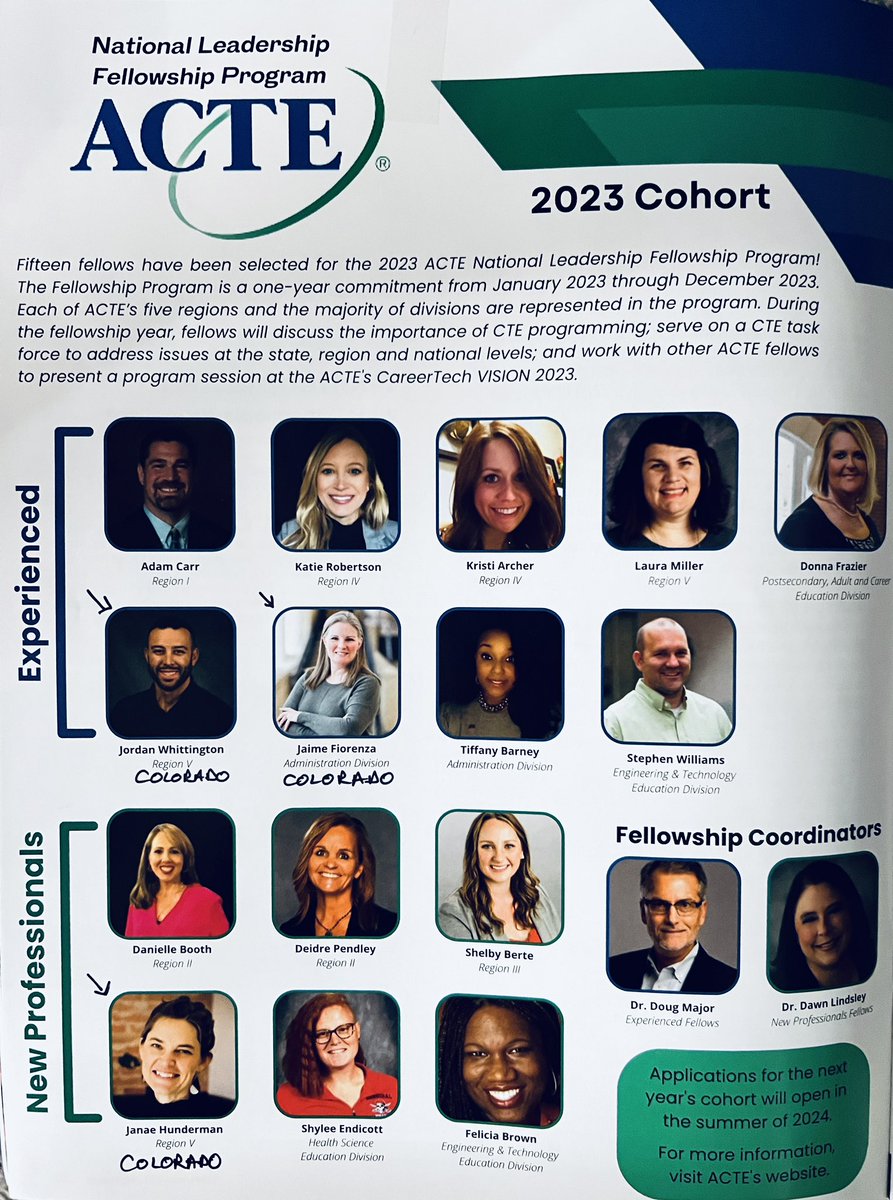 So much @ColoradoACTE in the @actecareertech 2023 Fellows Program! 😊🎉 Way to go Jordan Whittington, @COLORADOCTE; Dr Jaime Caldwell, @DPSNewsNow; & Janae Hunderman, @codepted & @the_cwdc - all @ColoradoACTE members. See them in January @TechniquesACTE magazine on page 30!!! 👍🏼