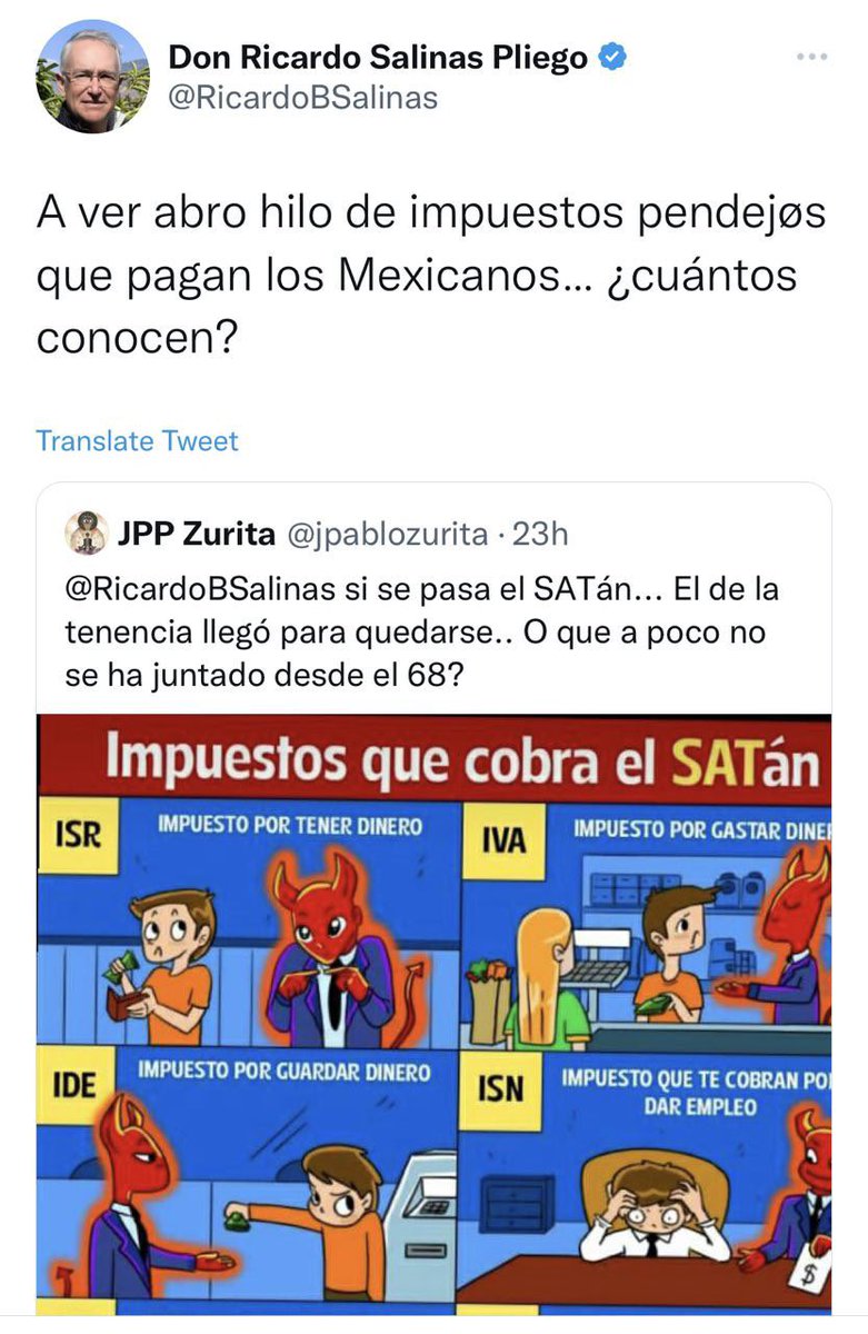 _Tiempo_Real's tweet photo. #InformaciónParaTi

El empresario Ricardo Salinas Pliego abrió un hilo sobre impuestos “absurdos” en México y en uno de los comentarios mencionó que él no los paga porque no mantiene “huevones”. https://t.co/Ry1I3djwdv