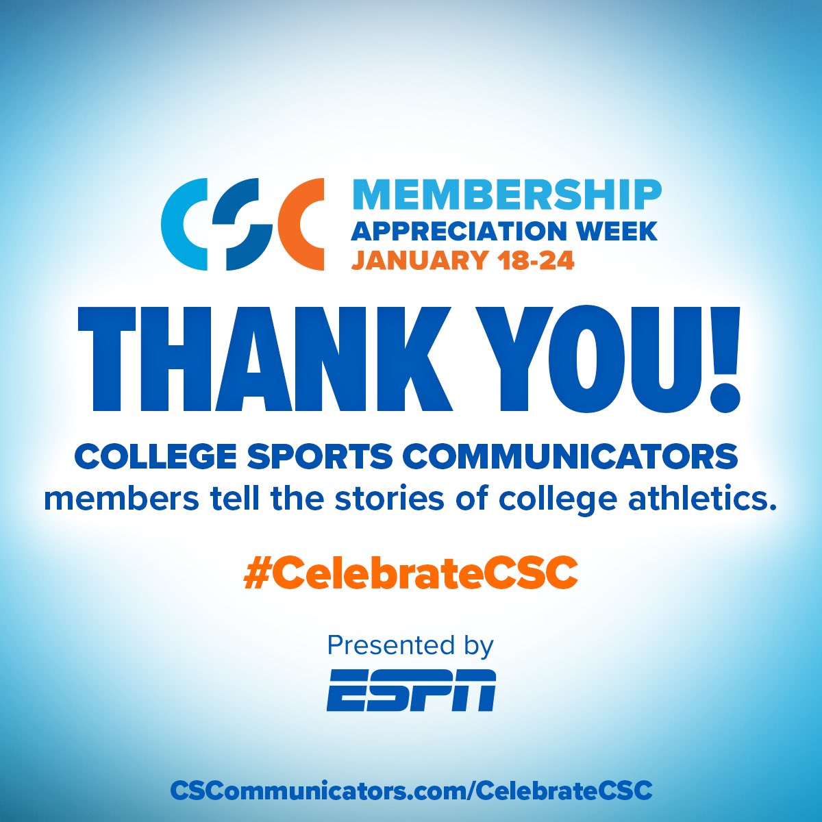 Thank you, <a href="/CollSportsComm/">College Sports Communicators</a>!  

As a former #NCAAD2 campus sports communicator, I appreciate all the work conference and campus folks do to promote their schools and student-athletes. 

While their roles are often behind the scenes, it’s an honor to #CelebrateCSC for all they do.