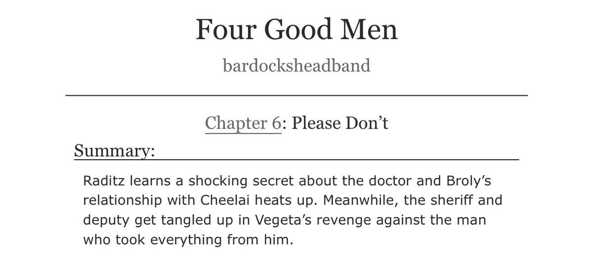 It’s #WesternWednesday somewhere! Ch 6 of Four Good Men, called “Please Don’t”, is up! If you check it out, I hope you enjoy the different kinds of tension I attempted. 💘 #GoChi #Vegebul #Launchitz #Brolai

archiveofourown.org/works/42848607…