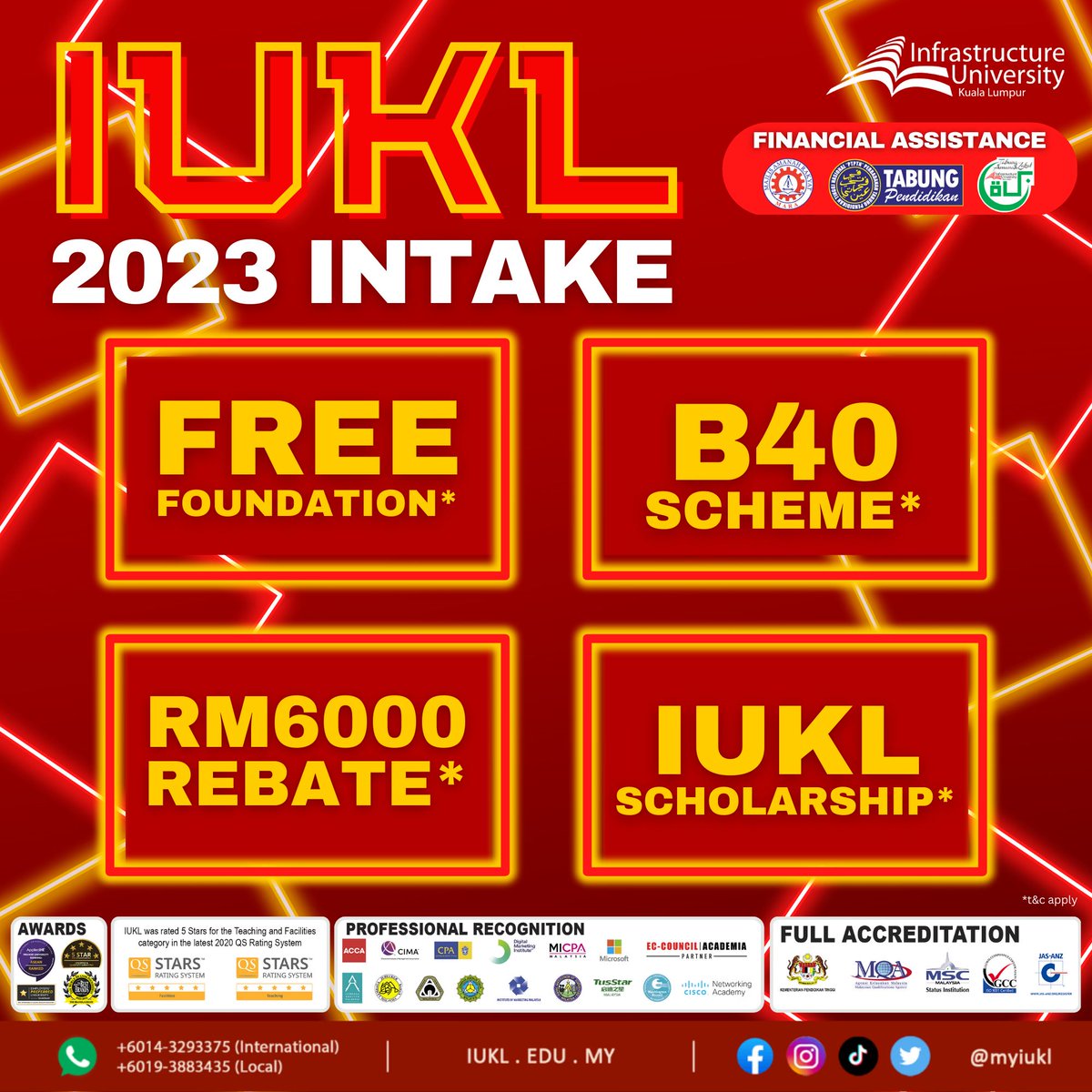 Hi! I'm here to remind you that the Infrastructure University Kuala Lumpur (IUKL) March 2023 intake registration is NOW OPEN!
We are offering you attractive promotions for 2023 intakes.

#myiukl #iuklcares #iukldares #myiukl #2023intake #march2023 #malaysiaeducation