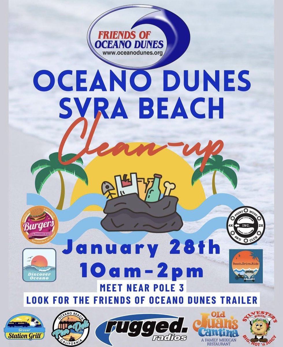 1st Clean up of the year happening this weekend brought to you by @OceanoDunes. To lend a hand RSVP at oceanodunes.org #beachcleanup #ohv #saveoceanodunes #doyourpart @tread_lightly