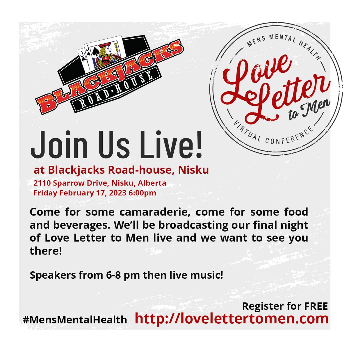 Did you see this? a live event on the final evening of Love Letter to Men! I am so excited. Show up for a couple of presentations and hang for food and live music.Join us on Friday Feb 17. Registration is FREE thanks to our sponsors City of Edmonton cc:@blackjacksRH