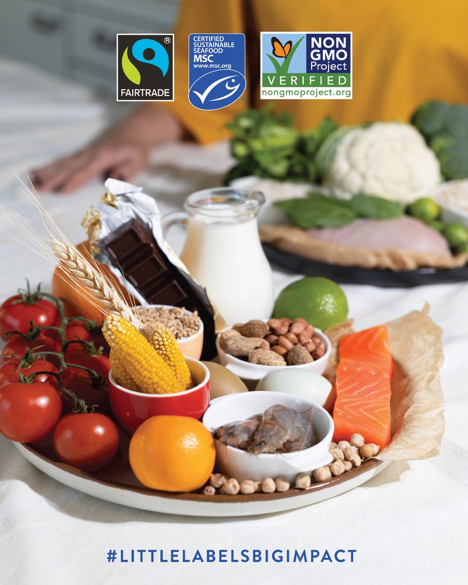 NonGMOProject's tweet photo. We are committed to sustainably produced foods, certified by third-party experts! Fairtrade America, @MSCbluefish and @NonGMOProject are all nonprofit organizations driven by our collective missions to change how our food is harvested or made. #LittleLabelsBigImpact 🦋🌊🤝 https://t.co/NBjO2Ft8ug