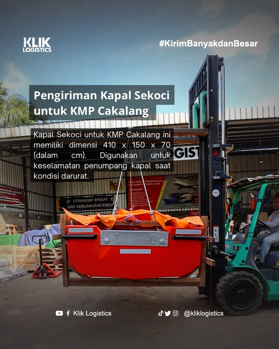 Ini adalah kapal sekoci untuk KMP Cakalang. Dengan dimensi yang besar, dapat digunakan untuk menampung penumpang dalam jumlah banyak saat kondisi darurat. 

#jasakontraktor #jasakirimcargo #pengirimanbarang #jasakirim #jasaekspedisi #cargodarat #cargolaut #sewakontainer