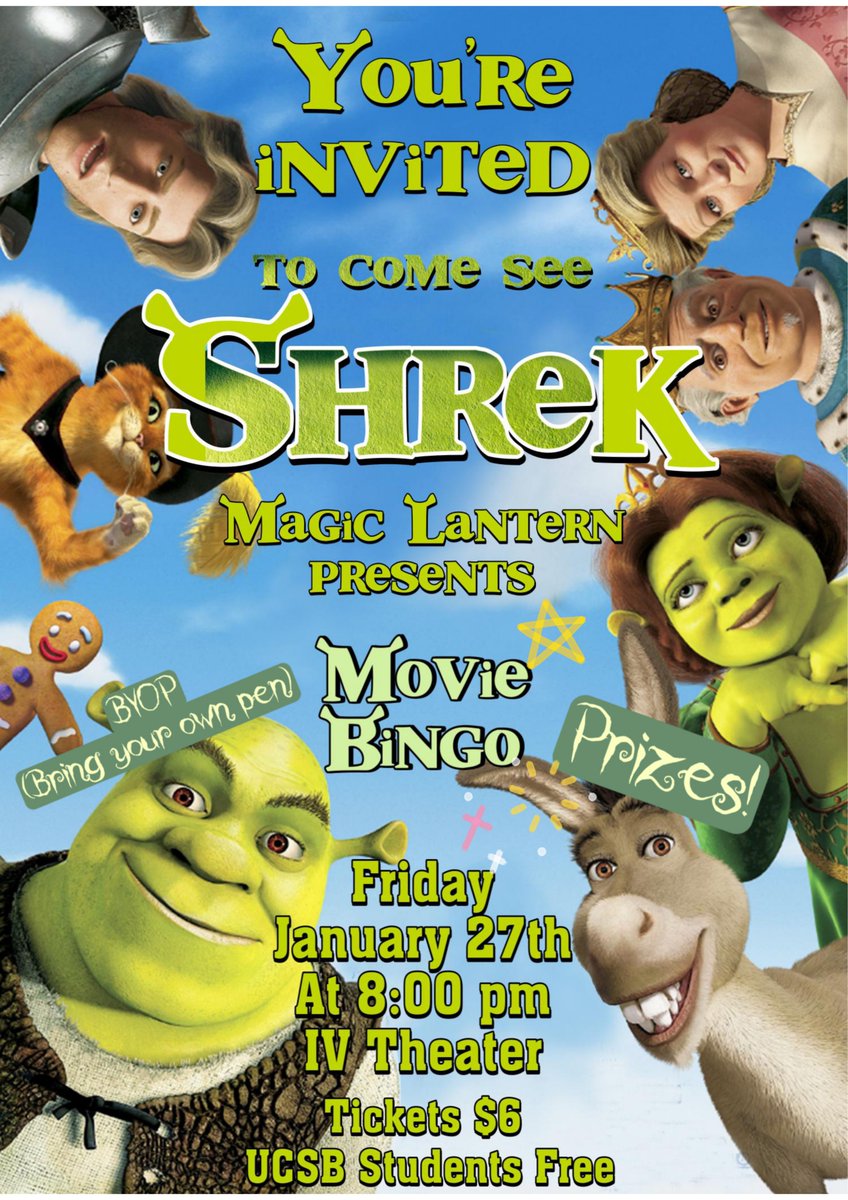 MagicLanternSB's tweet photo. Hey what's goooood Gauchos!!!
I am very excited to announce that this Friday we will be screening "Shrek" by 8pm at the IV Theater and there also will be a movie bingo, come join us and remember to bring your pens to win the prizes!!! https://t.co/rhgr2f284h