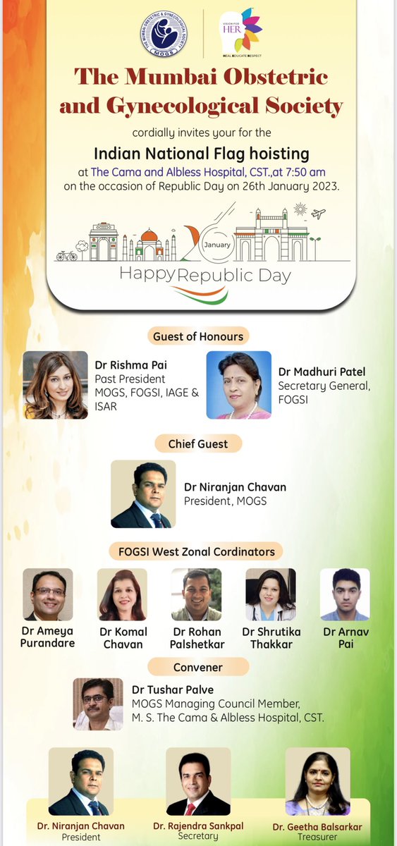 MOGSHQ's tweet photo. The @MOGSHQ Mumbai Obstetric &amp; Gynecological Society cordially invites your for the #indiannationalflag Flag hoisting at The Cama and Albless Hospital, CST., at 7:50 am on the occasion of our #RepublicDay2023 on 26th January 2023. @Niru22 https://t.co/IiznRlrWZs