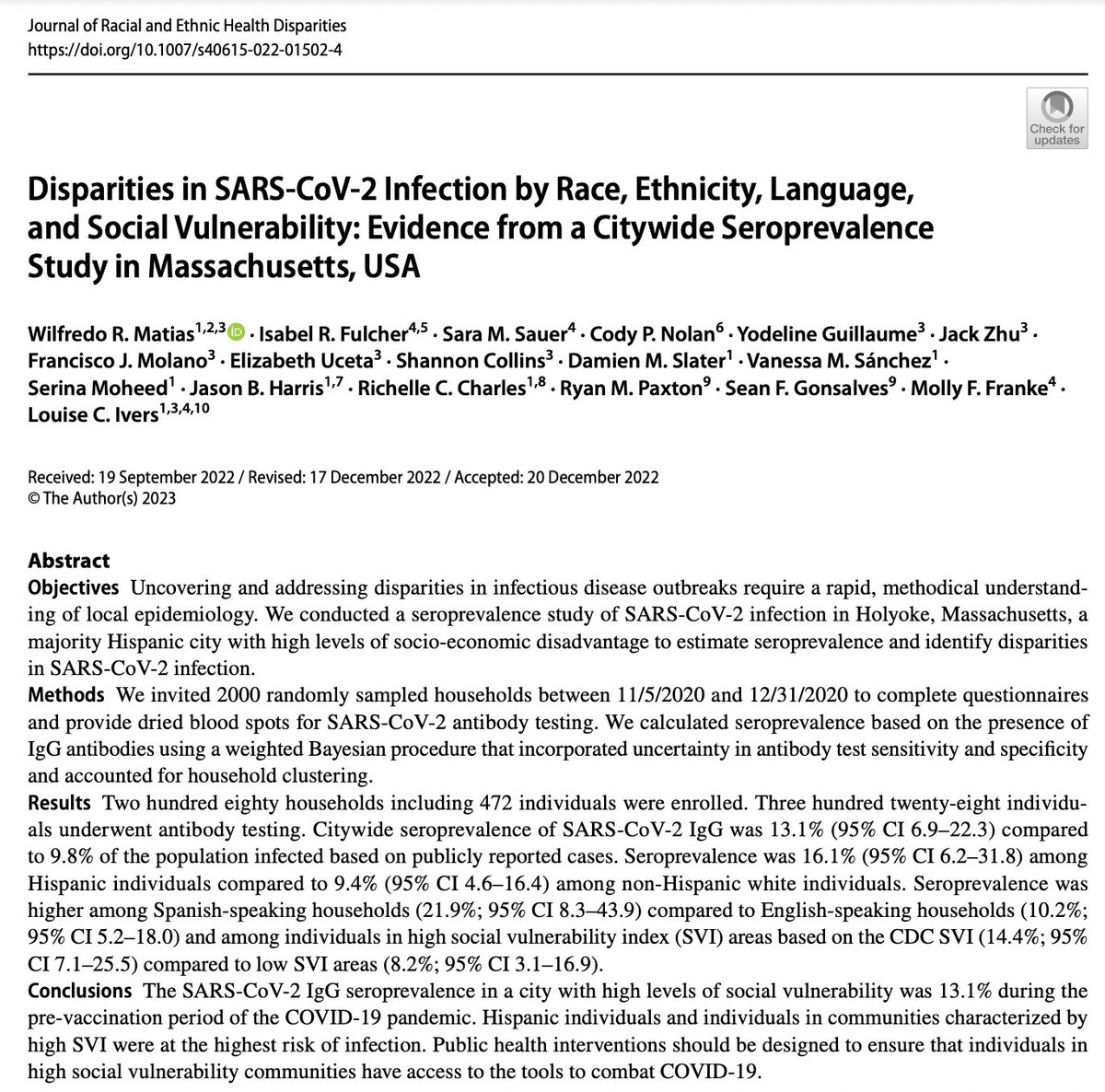 Wilfredo Matias MD MPH (@drwilfredom) on Twitter photo 1/ A 🧵 on #COVID19, #seroepidemiology and #disparities in #Massachusetts.
I’m excited to share our work now out in the Journal of Racial and Ethnic Health Disparities in partnership with <a href="/CityofHolyoke/">City Of Holyoke</a> Board of Health and <a href="/MGHGlobalHealth/">Mass General Center for Global Health</a>.
👇🏽
rdcu.be/c36he 1/ A 🧵 on #COVID19, #seroepidemiology and #disparities in #Massachusetts.
I’m excited to share our work now out in the Journal of Racial and Ethnic Health Disparities in partnership with <a href="/CityofHolyoke/">City Of Holyoke</a> Board of Health and <a href="/MGHGlobalHealth/">Mass General Center for Global Health</a>.
👇🏽
rdcu.be/c36he
