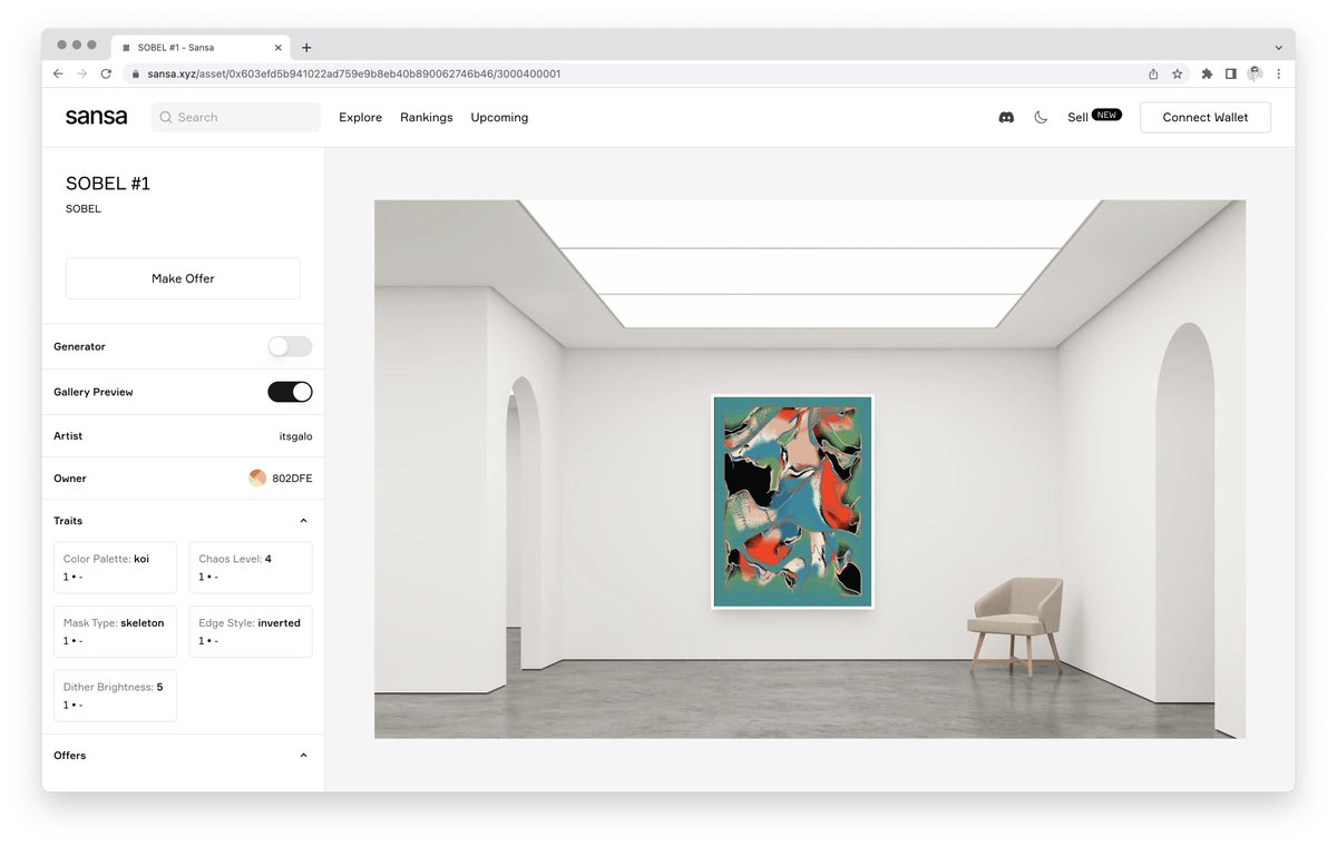 We're incredibly pleased to announce that we've partnered with <a href="/sansaxyz/">sansa</a> for the SOBEL drop by <a href="/GaloAndStuff/">itsgalo 🗯</a>!

Sansa is an outstanding marketplace that is tailored for generative art ✨

You can find the link to SOBEL on Sansa in the next tweet 👇
