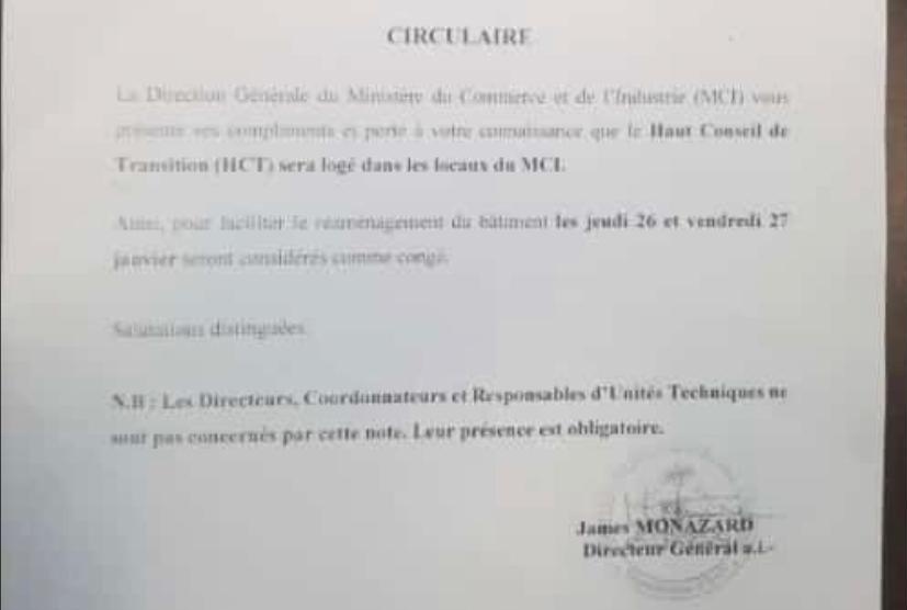 LaTribuneNews7's tweet photo. C'est désormais officiel, le Haut Conseil de la Transition #HCT sera logé au ministère du Commerce et de l'Industrie. Le DG de MCI #JamesMonazard informe que les jeudi 26 et vendredi 27 seront considérés comme congés afin de faciliter le réaménagement du bâtiment. @manasse_loty https://t.co/uHJceVxZY2