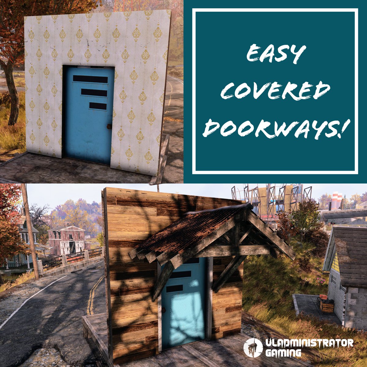 _VladGaming_'s tweet photo. @Fallout players, with the new Mine Kit from the #fallout76 atomic shop you can make quick work of some nice looking covered doorways. Just double wall, set the back one to the new mine kit wall with the awning, add a door and apply wallpaper. #Fallout #Fallout76camp https://t.co/f39XLeVO9O