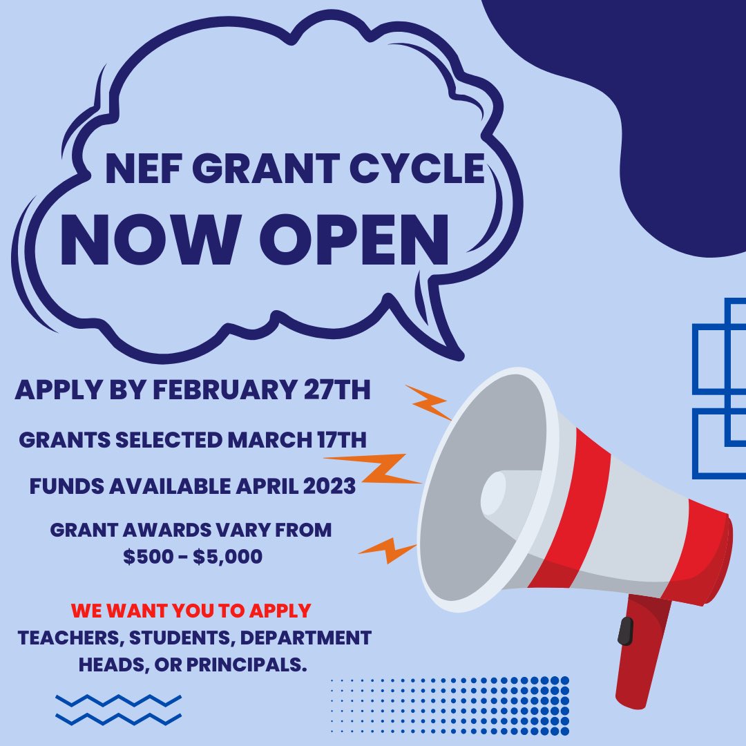 Our 2023 grant award cycle is open and we want you to apply!

Grants vary from $500-$5,000.
To learn more about the types of grants available and eligibility, please visit our website: natickeducationfoundation.org/grant-proposal