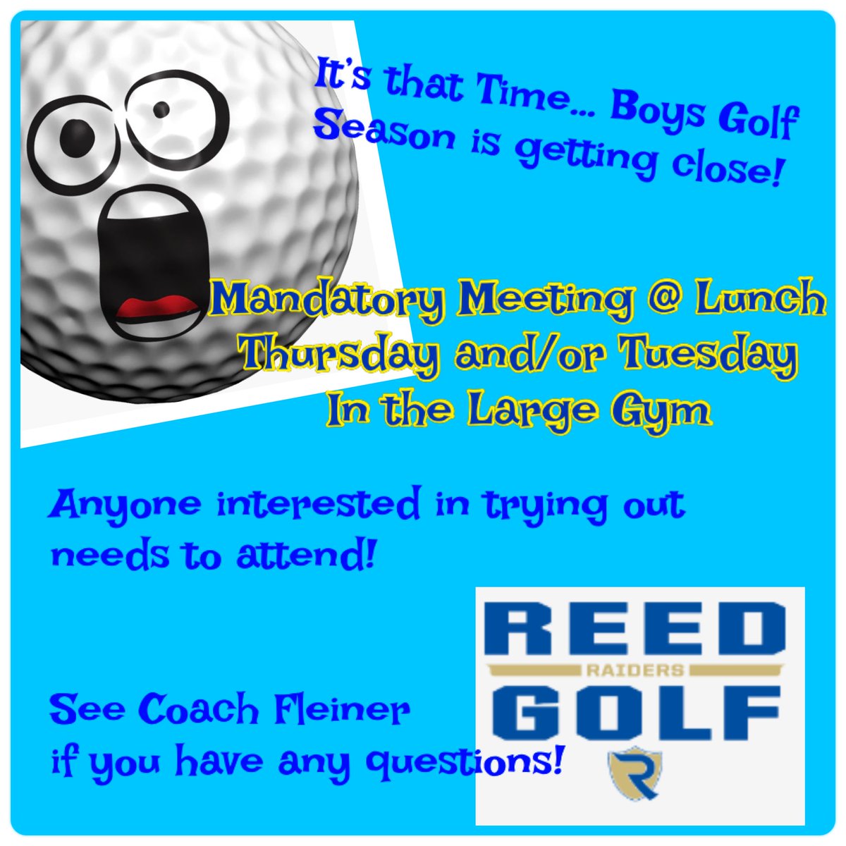 Boys Golf Season is getting close! Anyone wanting to play we are having a meeting this week and next! ⁦<a href="/ReedHSAthletics/">Reed HS Athletics</a>⁩