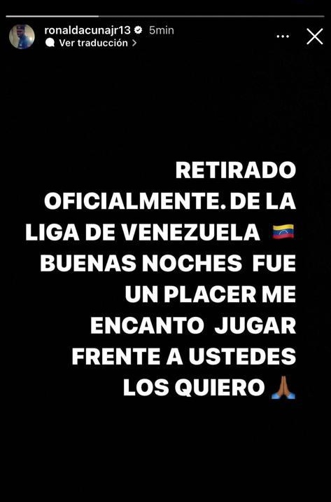 mcardenasfc's tweet photo. Ronald Acuña Jr. acaba de postear esto en sus "stories" indicando que no jugará mas en la #LVBP.

Acuña se fue en el 8vo inning, tras un inconveniente con su familia y los aficionados. https://t.co/yF02bmtCr1