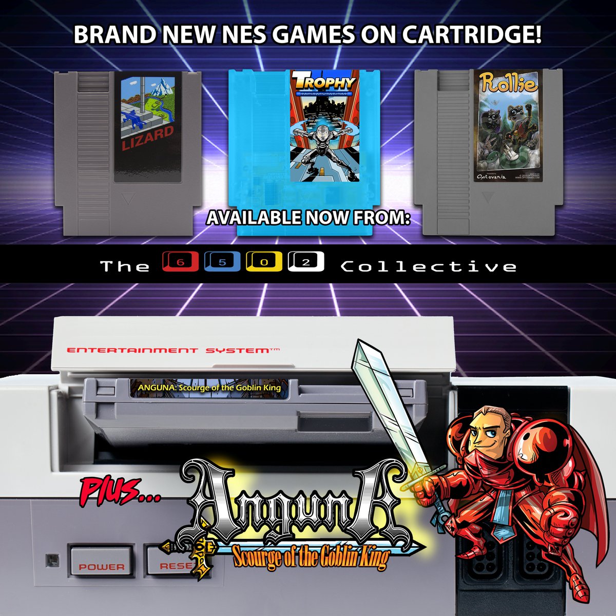 6502Collective's tweet image. Looking for some great #indieNES #NESHomebrew games on cartridge from #8BitLegit developers?

Lizard (@Lizard_NES), Trophy (@gradualgames), Rollie (@optovania) &amp;amp; Anguna SOTGK (@nathantolbert) are available now.

PHYSICAL=&amp;gt;6502collective.com/store
DIGITAL=&amp;gt;itch.io