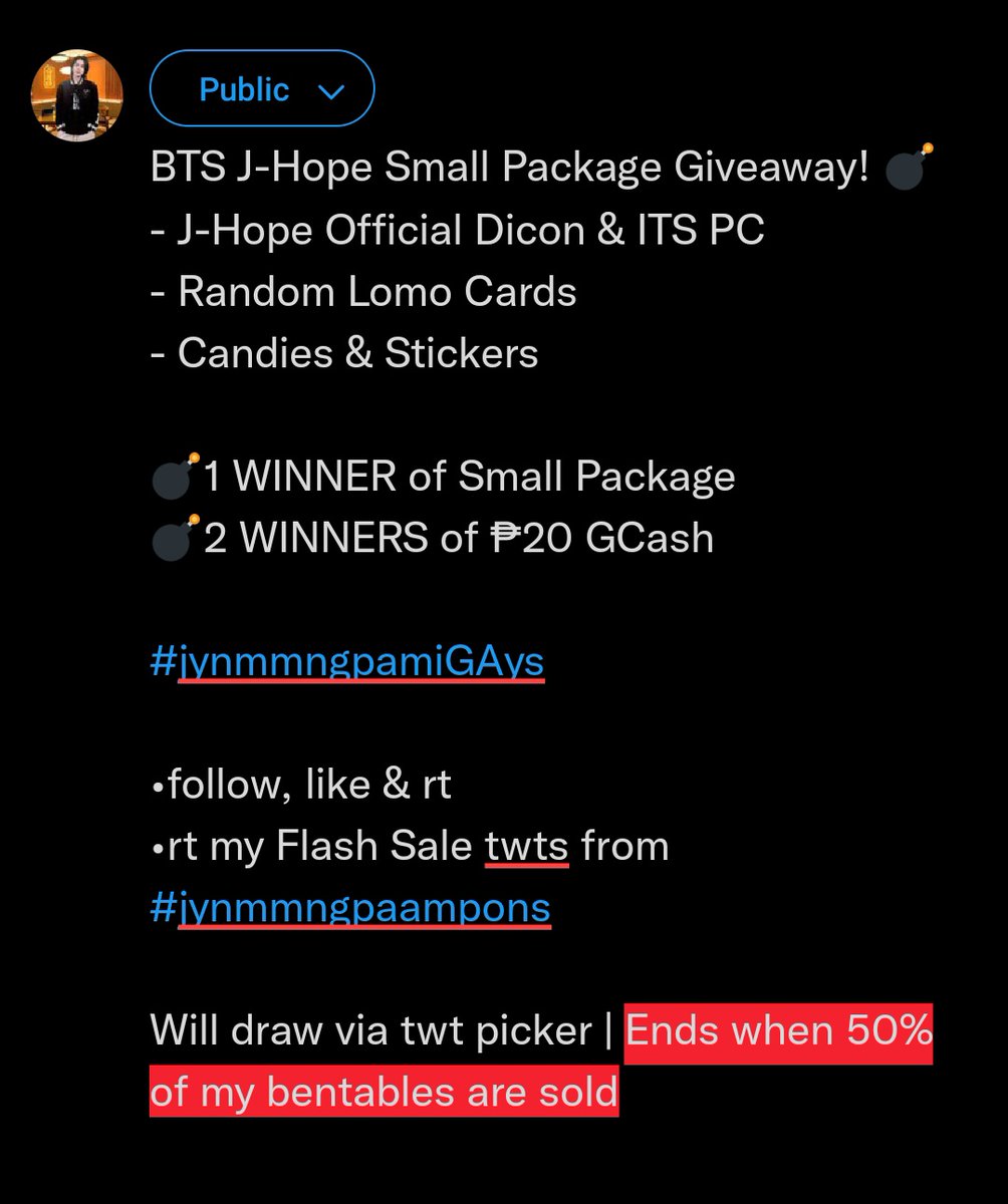jynmmng's tweet photo. BTS J-Hope Small Package Giveaway! 💣
- J-Hope ofc PC
- Lomo Cards
- Candies &amp; Stickers

💣1 WINNER of Small Package
💣2 WINNERS of ₱20 GCash

#jynmmngpamiGAys

•follow, like &amp; rt
•rt my Flash Sale twts from #jynmmngpaampons

draw via twt picker when 50% of bentables are sold https://t.co/Oojw9mFf1V