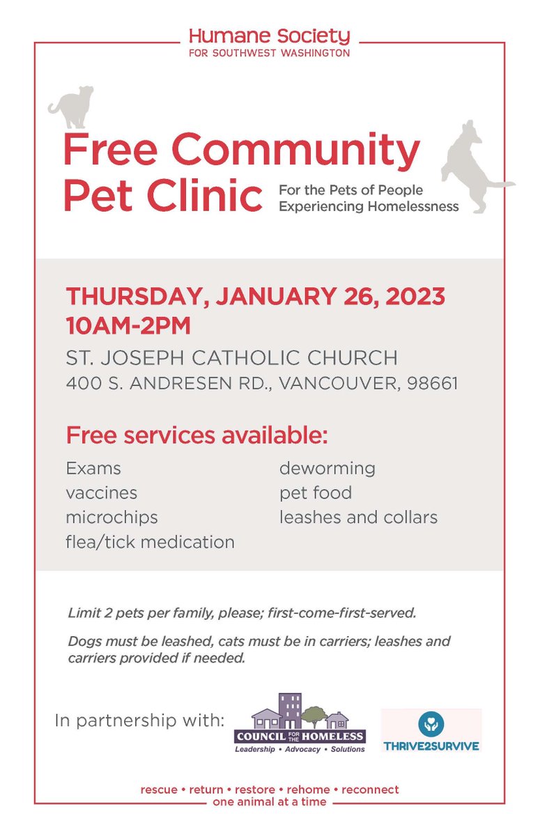 4thPlainForward's tweet photo. Humane Society for Southwest Washington: Free Community #PetClinic - For the pets of people experiencing #homelessness.
Thurs Jan 26, 10am-2pm
St. Joseph's Catholic Church
400 S. Andresen Rd., Vancouver, 98661
W/ #CouncilForTheHomeless & #Thrive2Survive
#VanWa #FourthPlain https://t.co/GISbLlklIc