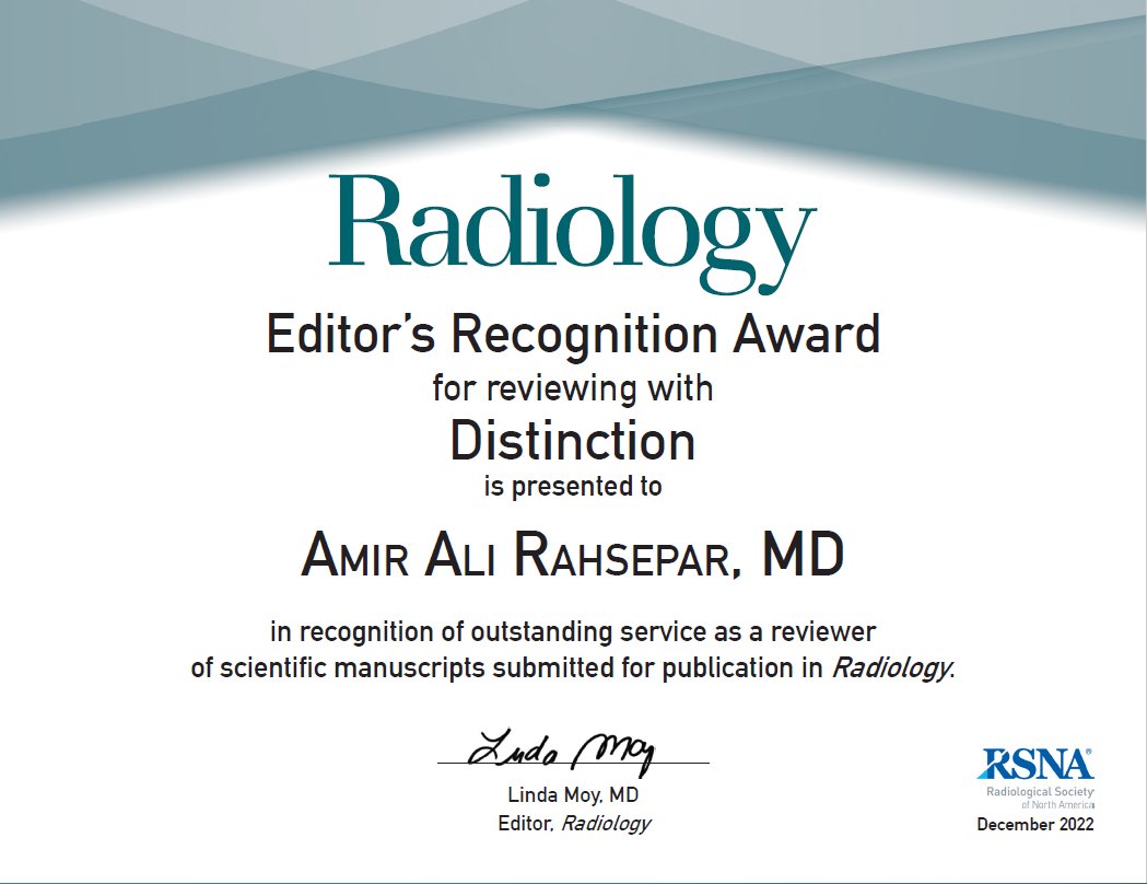 a_rahsepar's tweet image. Extremely honored, humbled, and excited to receive the Radiology Editor's Recognition Award along with other amazing #RadInTraining editors. I am highly grateful for the opportunity to work under your mentorship, @RadiologyEditor, and @RadITrainEditor
.