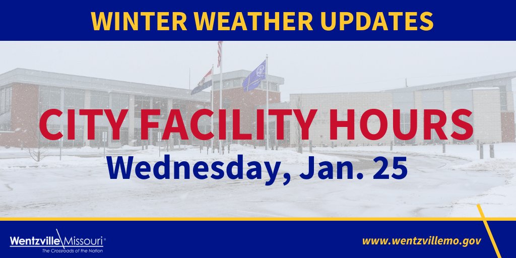 WentzvilleMo's tweet photo. URGENT ALERT: Due to the weather forecast, #Wentzville City Hall will not open until 10 a.m. on Wednesday, Jan. 25. Parks facility hours may also be impacted. Learn more at https://t.co/9481YTnQyZ. Note: Twitter has been activated as an urgent alert tool. https://t.co/8NkAuq6HQo