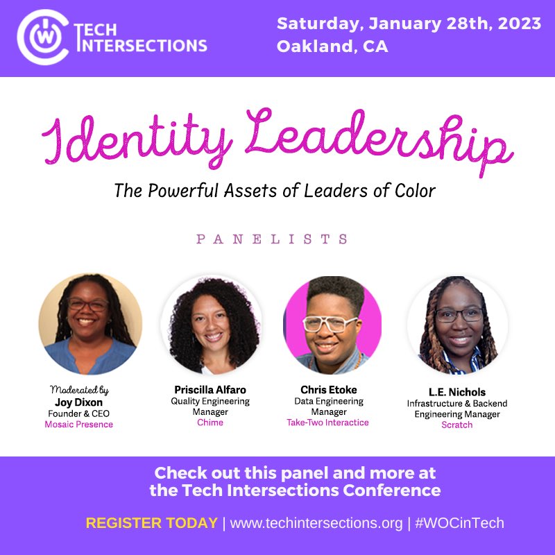 lenicholsdev's tweet image. I am so excited I get to kickoff 2023 as a speaker to @tech_intersect where I get to build and learn from over 200 women of color in tech. Join us on January 28th, in Oakland, CA. Register today: techintersections.org #TechIntersections #WomenWhoCode