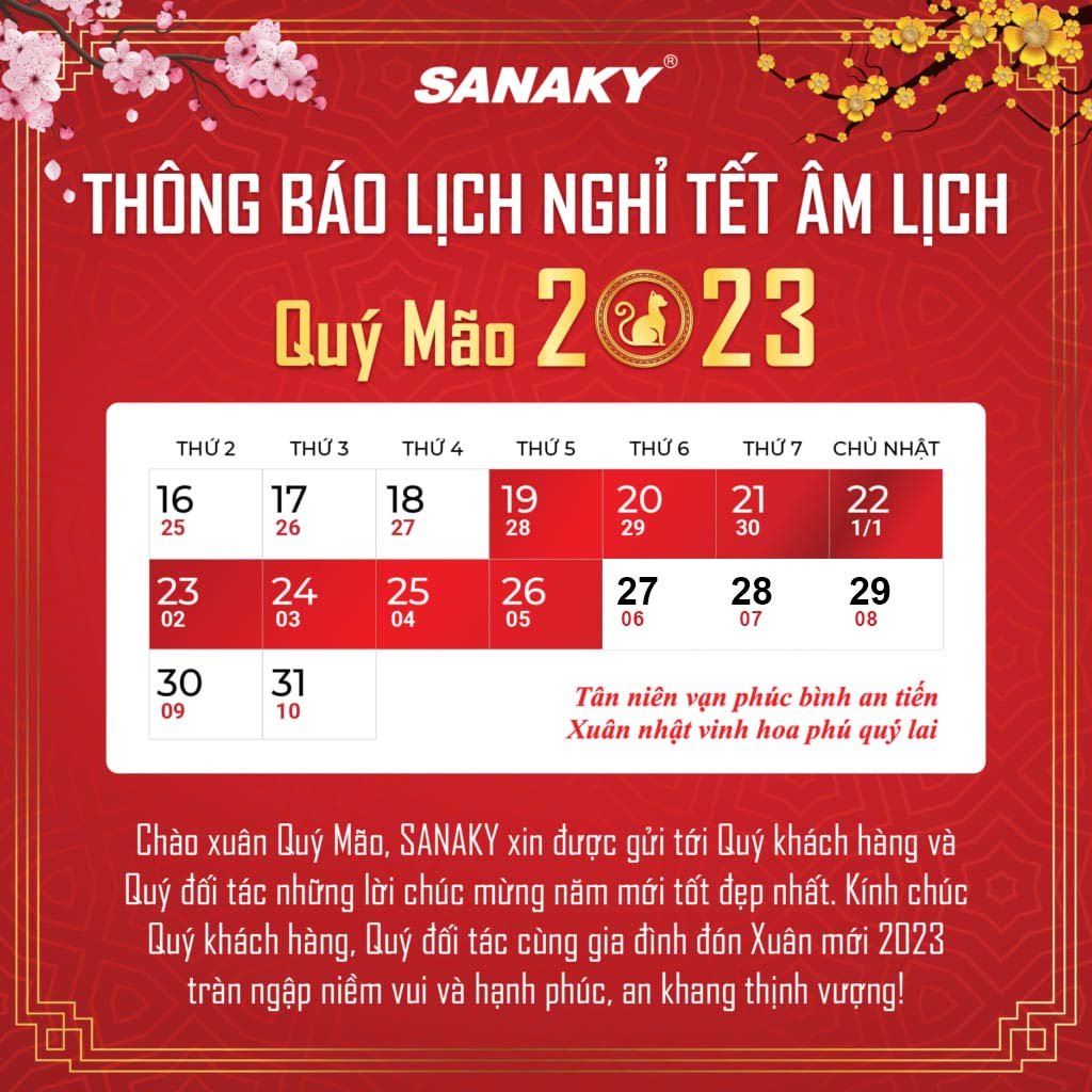 thietbisanaky's tweet photo. 🌸 THÔNG BÁO LỊCH NGHỈ TẾT ÂM LỊCH 2023 🌸
SANAKY xin gửi lời chúc sức khỏe và lời cảm ơn chân thành nhất đến Quý khách hàng và Quý Đại lý đã luôn đồng hành và ủng hộ chúng tôi trong suốt một năm vừa qua

 https://t.co/xiWZe4pqAw

#sanaky #sanakyhanoi https://t.co/hwtFbvyMie