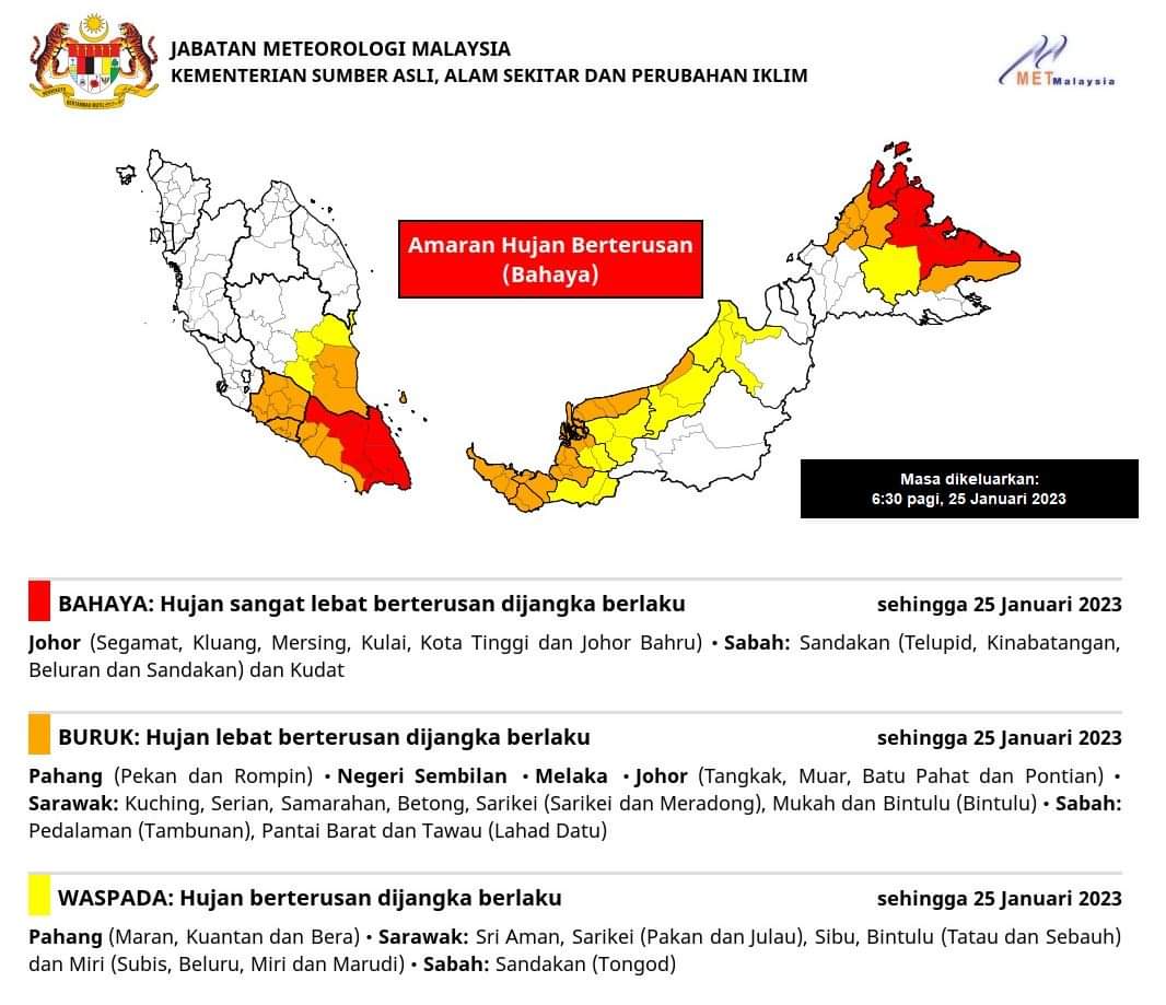 AMARAN HUJAN BERTERUSAN 🌧️🌧️🌧️

Masa dikeluarkan : 6.30 pagi, 25 Januari 2023
#amaranhujanberterusan

Sumber: @metmalaysia