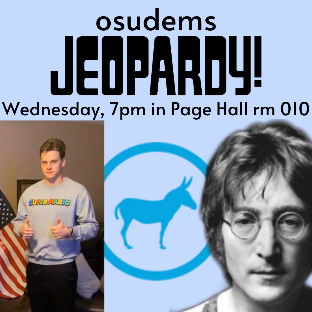OSU College Dems (@osudems) on Twitter photo Want to understand this image? Come to Page Hall at 7pm to play osudems Jeopardy and find out! Want to understand this image? Come to Page Hall at 7pm to play osudems Jeopardy and find out!