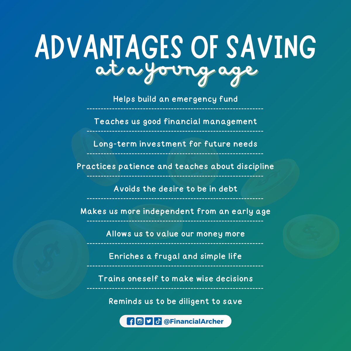 FinancialArcher's tweet photo. Why should we save money—particularly while we're still young?

Here are some advantages that you could ponder over. 🤗
——
Follow @FinancialArcher across all social media platforms 💚
Links: https://t.co/dXy1AFz6ec 
——
Graphics by Kurt Cariaga https://t.co/bkIevyxrTP