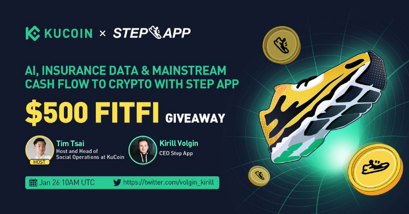 kucoincom's tweet photo. Join #KuCoin Twitter Space with our host @timmtsai &amp; @volgin_kirill to discuss how AI, Insurance Data &amp; Mainstream cash flow to crypto with @StepApp_

$500 FITFI Giveaway (10 winners of $50 FITFI) 
1⃣Follow @kucoincom &amp; @StepApp_
2⃣RT &amp; tag 2 friends  

✅Set a reminder