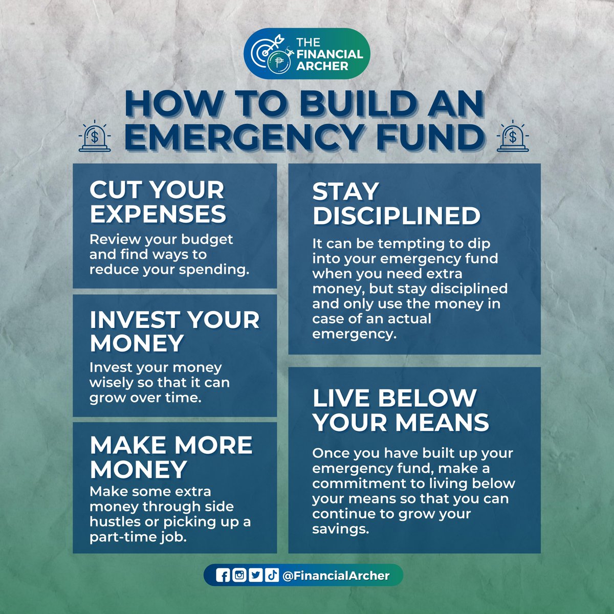 FinancialArcher's tweet photo. 🚨 EMERGENCY FUND!?

Paano nga ba simulan?

Here are some tips to help jumpstart your efforts in building your Emergency Fund!
——
Follow @FinancialArcher across all social media platforms 💚
Links: https://t.co/dXy1AFz6ec 
——
Graphics by Kurt Cariaga https://t.co/enI9nAANRv
