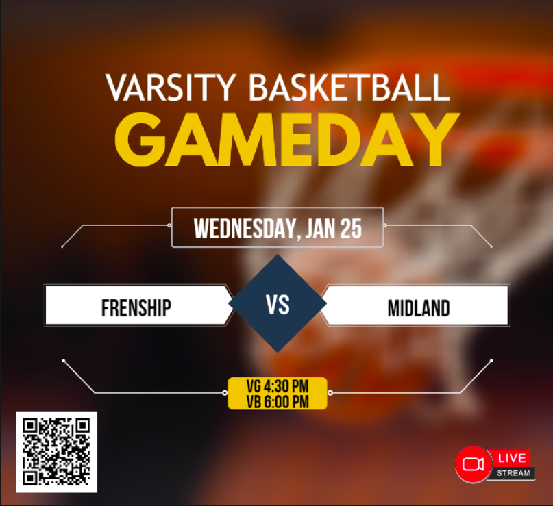 🚨 Varsity Basketball
🏀 Frenship
🆚 Midland
📅 Wednesday, Jan 25
⏰ 4:30pm Varsity Girls
6:00pm Varsity Boys
📺 Live Streaming ballertv.insidethegames.live/hsb.php
<a href="/FrenshipHS/">Frenship High School</a> <a href="/FrenshipSports/">Frenship Athletics</a> <a href="/FrenshipGBB/">Frenship Girls Bball</a> <a href="/BoysFrenship/">Frenship Boys Basketball</a> <a href="/AthleticsMisd/">Midland ISD Athletics</a> <a href="/MidlandHigh/">Midland High School</a> <a href="/MHSladydawgball/">Midland High Lady Dawg Basketball</a> <a href="/Wesley_A_Torres/">Wes Torres</a>