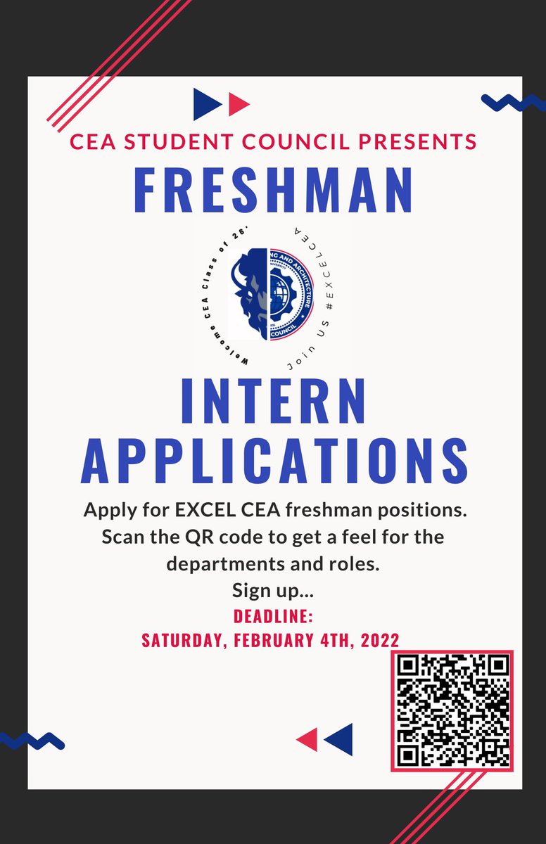 huceacouncil's tweet photo. Calling all CEA Freshmen! If you are interested in interning for CEA Student Council, fill out the form in our bio (or scan the QR code). We are accepting general interest applications after February 4th on a rolling basis! https://t.co/64qXbAThB6