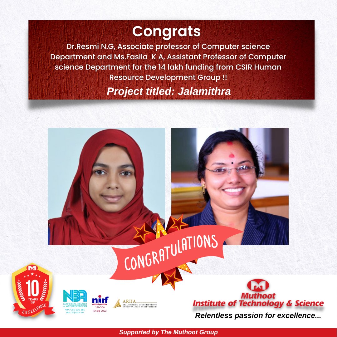 MITSKochi's tweet photo. Congrats Dr.Resmi N.G, Associate professor of Computer science Department and Ms.Fasila  K A, Assistant Professor of Computer science Department for the 14 lakh funding from CSIR Human Resource Development Group
Project proposal titled Jalamithra- https://t.co/vsMXw06rDZ