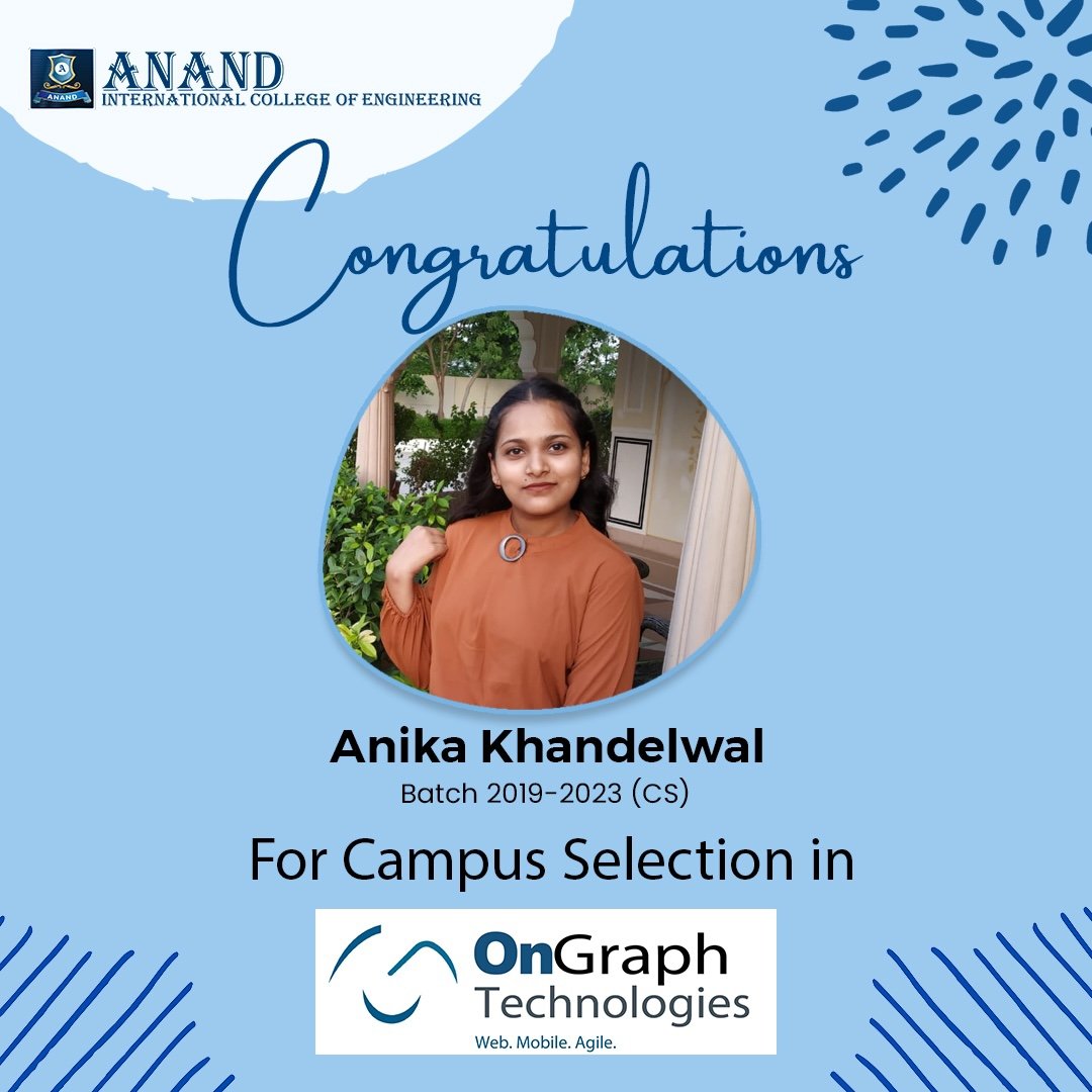 Our heartiest congratulations to Anika Khandelwal for Campus Selection during the OnGraph Technologies Placement Drive!

We wish you immense success in the future. 

#AnandcollegeEng #Anandcollege #Anandice #PlacementDrive #Placement