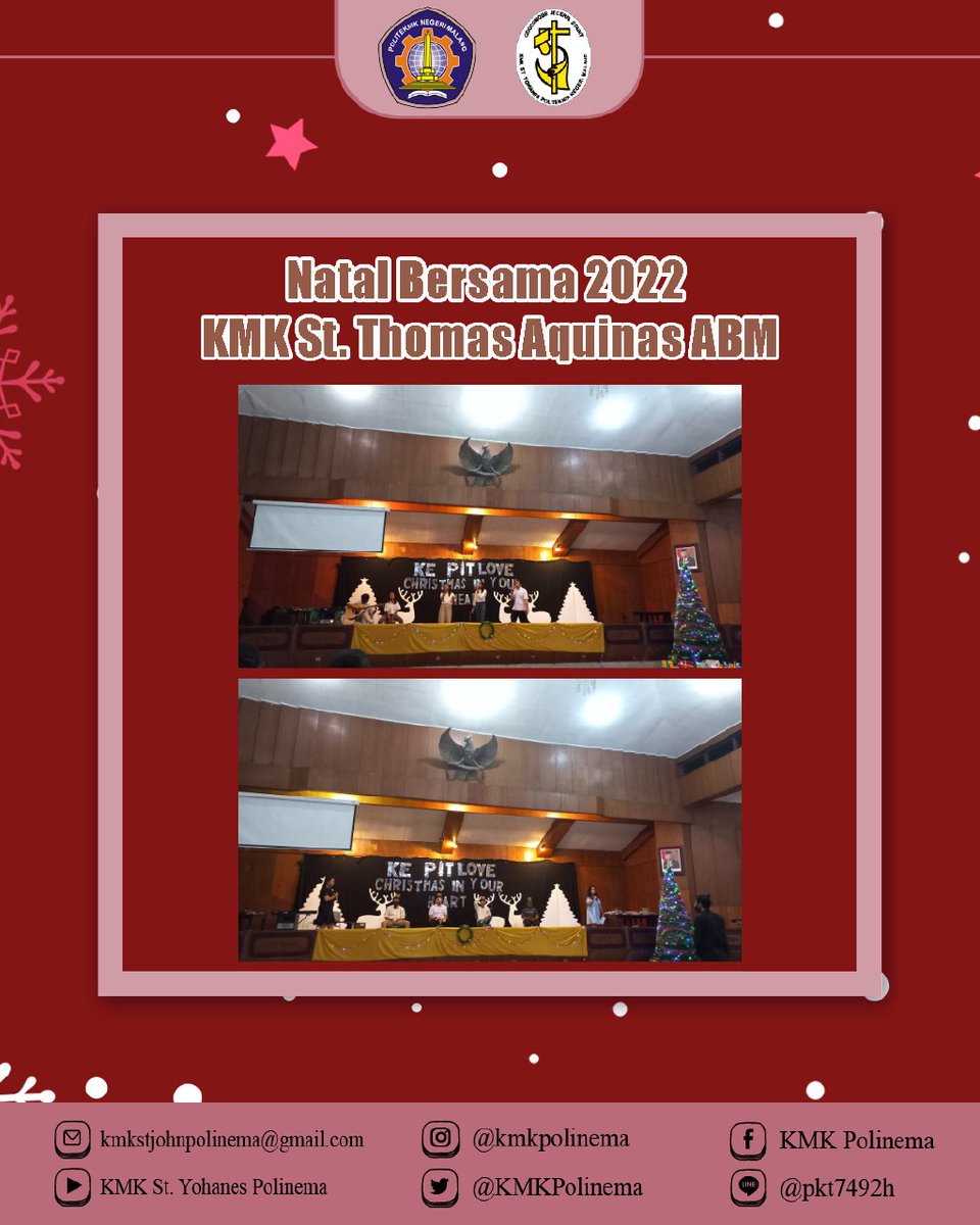 ✨[Kunjungan Eksternal]✨ 
. 
Telah dilakukan kunjungan Acara "Natal Bersama 2022  KMK St. Thomas Aquinas ABM" pada Senin, 16 Januari 2023 dengan tema "Keep It Love Christmas In Your Heart” yang diadakan di Padepokan Balaikambang ABM. 
. 
KMK??? KASIH!!! 
. 
. 
. 
#KMK #kmkkasih