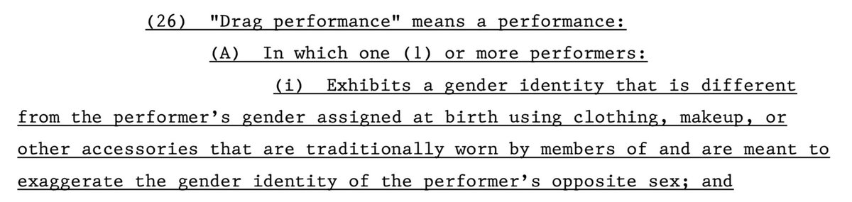 Their definition of “drag” is anyone dressing opposite of their assigned gender at birth. That’s every trans person, and anyone gender-nonconforming.

This bill isn’t just about drag. It’s about erasing queer people from public visibility.