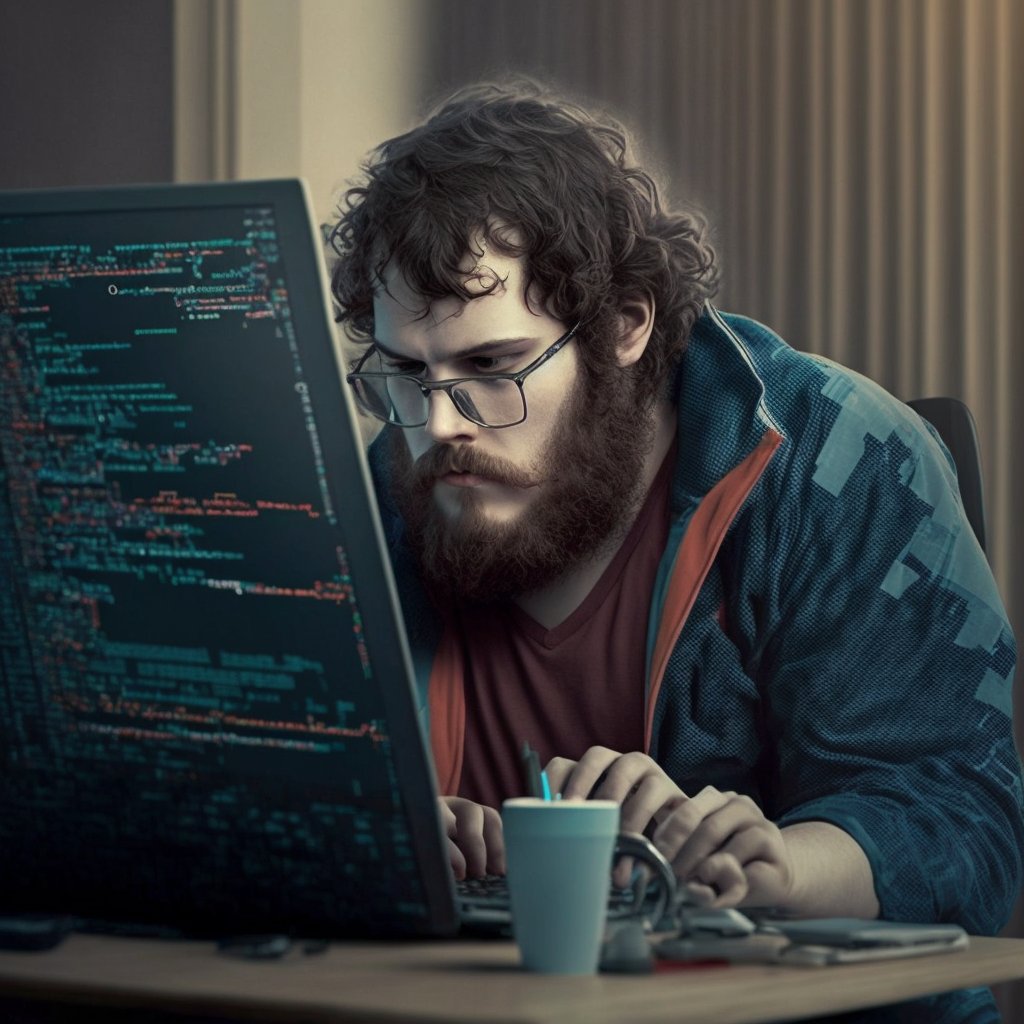 mrdoob's tweet image. I asked (again) @midjourney to imagine software developers. 

C++ developer