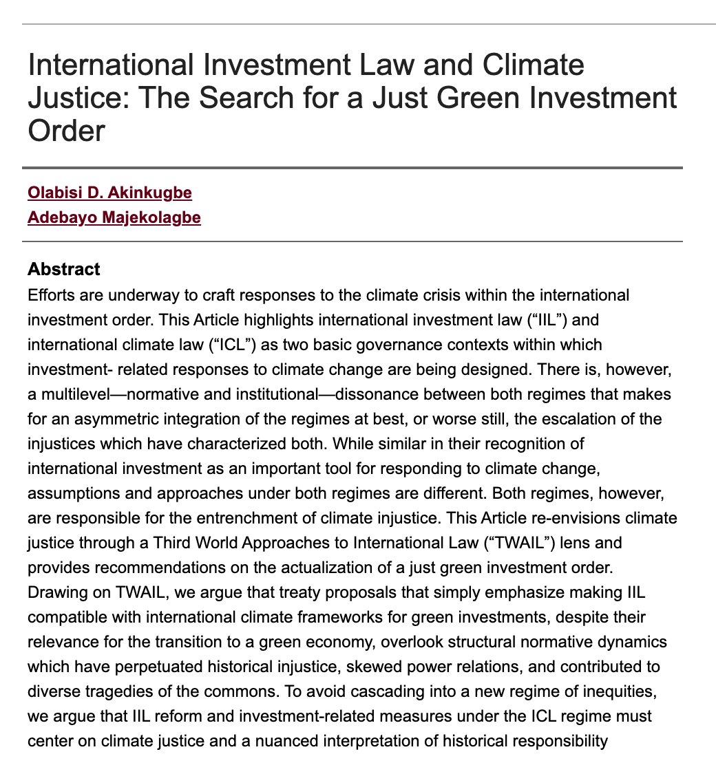 #ILACanada News!
Professor Olabisi D. Akinkugbe, ILA Canada board member, published a new article on #internationalinvestment and #climate law with Mr. Adebayo Majekolagbe in #Fordham International Law Journal. Congratulations!
ir.lawnet.fordham.edu/ilj/vol46/iss2/