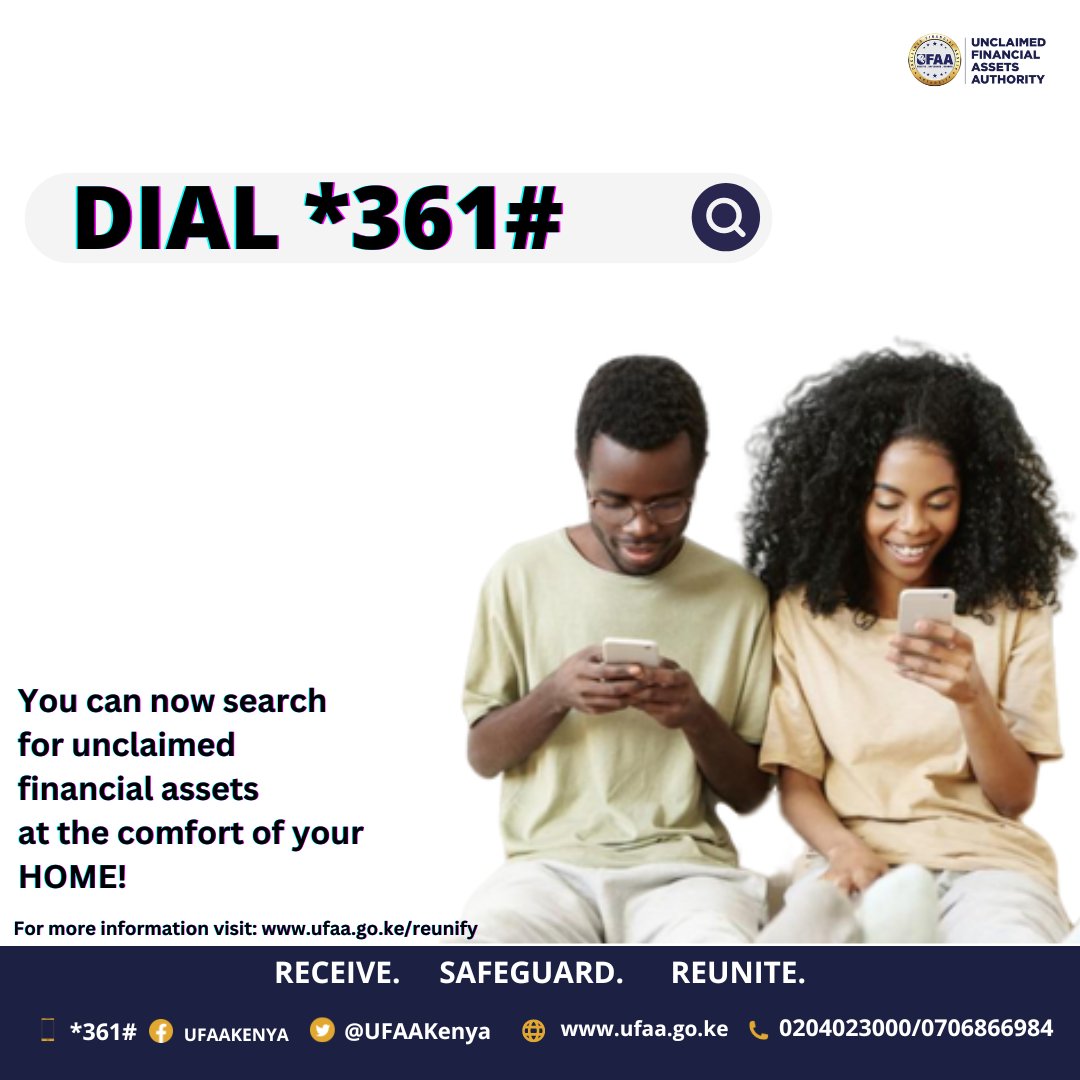 UFAAKenya's tweet photo. You can now search for Unclaimed Assets at the comfort of your home! dial *361# or Visit https://t.co/K3n7IyxdjK  #LabdaUmeomokaNaHaujui https://t.co/sCoL2Wc1xy