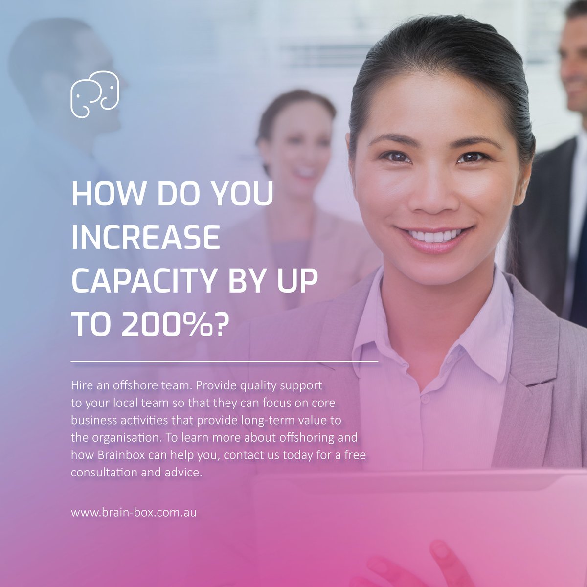 hello_brainbox's tweet photo. Want to boost your capacity by 200%? Hire an offshore team. 

At Brainbox, we understand the value of providing quality support to your local team. Book a consultation with us here: https://t.co/UVYgbYoTyP

#offshoringdonedifferently #offshoring #outsourcing #teamcapacity #growth https://t.co/uTJ5sOsSda