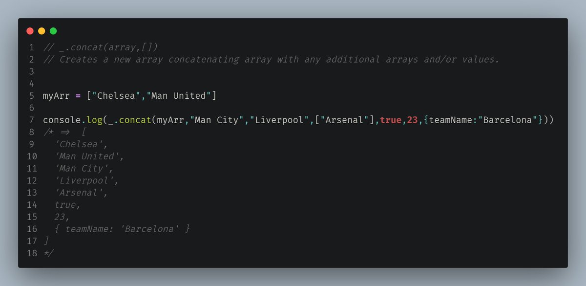 The lodash concat function creates a new array concatenating an array with any additional arrays and/or values.  We'll be looking at lodash this Saturday from 9am EAT.  We'd love to have you join us. Grab your tickets at eventbrite.com/e/nodeschool-n…
#javascript  #NodeJS