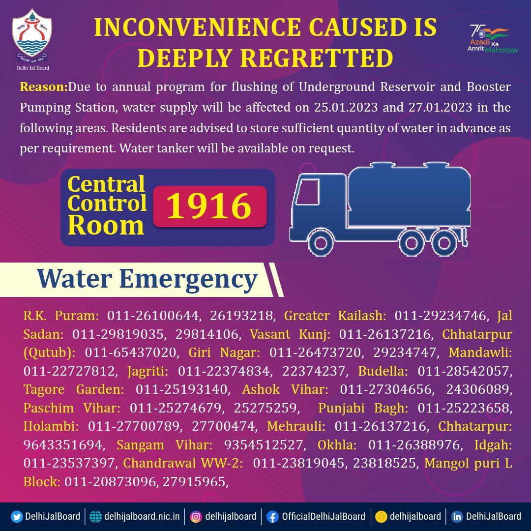 Oyedabas's tweet image. Due to annual program for flushing of Underground Reservoir and Booster Pumping Station, water supply will be affected on 25.01.2023 and 27.01.2023 in the following areas.@DelhiJalBoard 

#DJB4U #DjbOnMissionMode #DJBWaterAlert