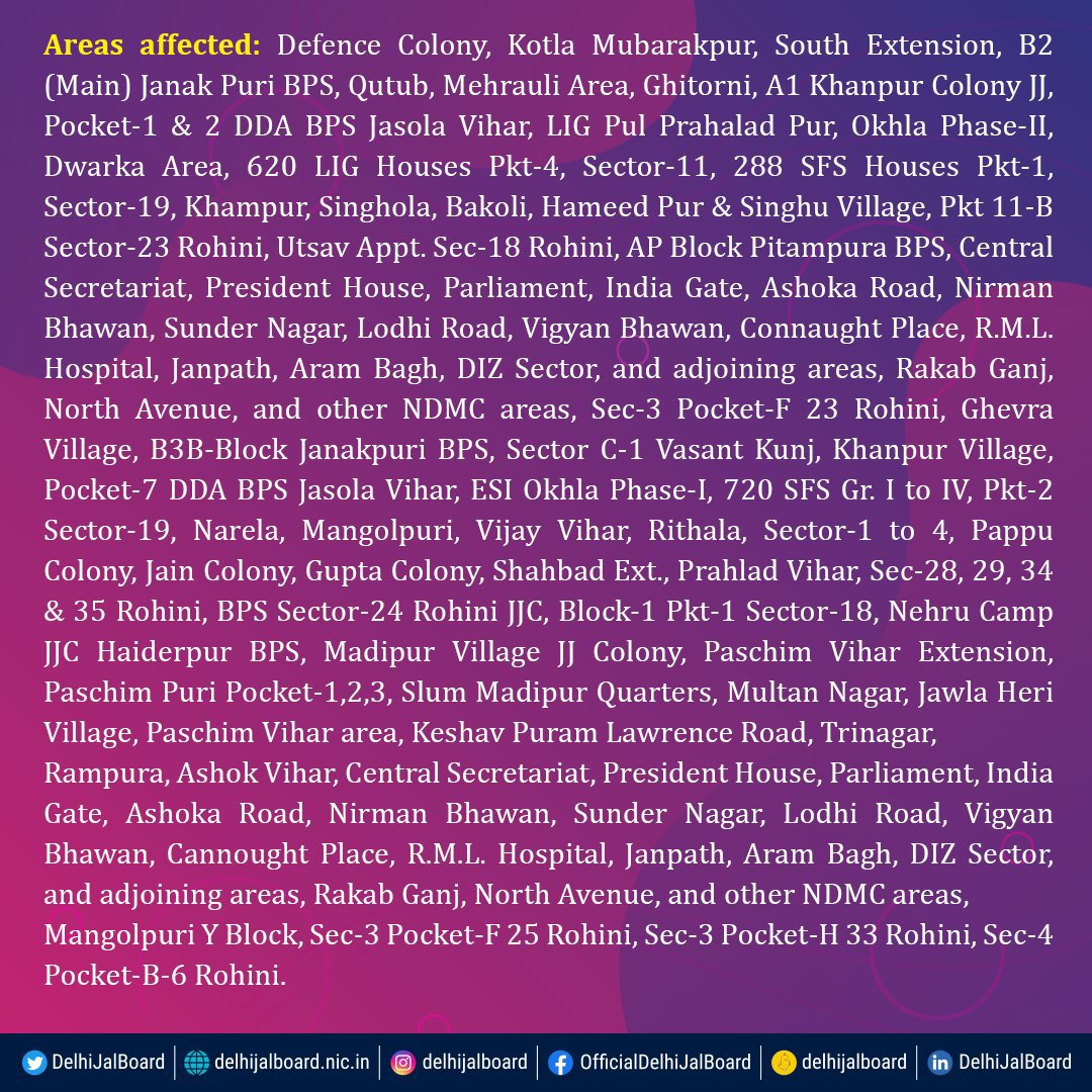 Oyedabas's tweet image. Due to annual program for flushing of Underground Reservoir and Booster Pumping Station, water supply will be affected on 25.01.2023 and 27.01.2023 in the following areas.@DelhiJalBoard 

#DJB4U #DjbOnMissionMode #DJBWaterAlert