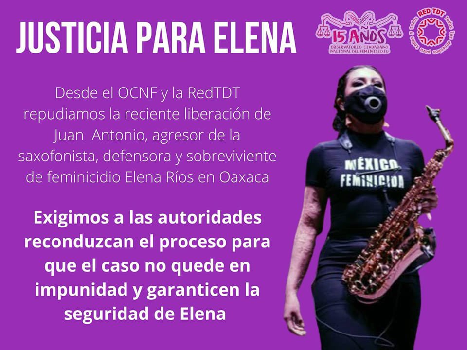 OAXACA | 🛑Desde <a href="/OCNF/">FeminicidioOCNF</a> y <a href="/RedTDT/">Red TDT</a> repudiamos la liberación del agresor de <a href="/_ElenaRios/">• 𝐄𝐥𝐞𝐧𝐚 𝐑í𝐨𝐬 🎷</a>. Exigimos que el caso no quede en impunidad y se garantice la seguridad de María Elena y su familia #JusticiaParaMariaElenaRíos