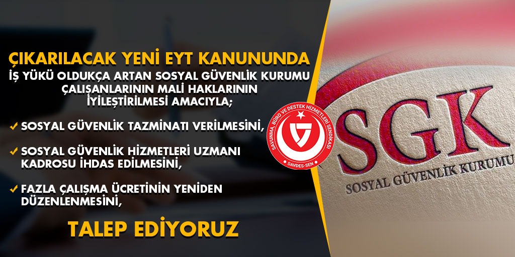 EYT, SOSYAL GÜVENLİK KURUMU PERSONELİNİ MAĞDUR ETMESİN.

#Savdessen 
#YeniNesilSendikacılık
<a href="/RTErdogan/">Recep Tayyip Erdoğan</a> <a href="/tcbestepe/">T.C. Cumhurbaşkanlığı</a>  <a href="/dbdevletbahceli/">Devlet Bahçeli</a> <a href="/MHP_Bilgi/">MHP</a> 
<a href="/vedatbilgn/">Vedat Bilgin</a>